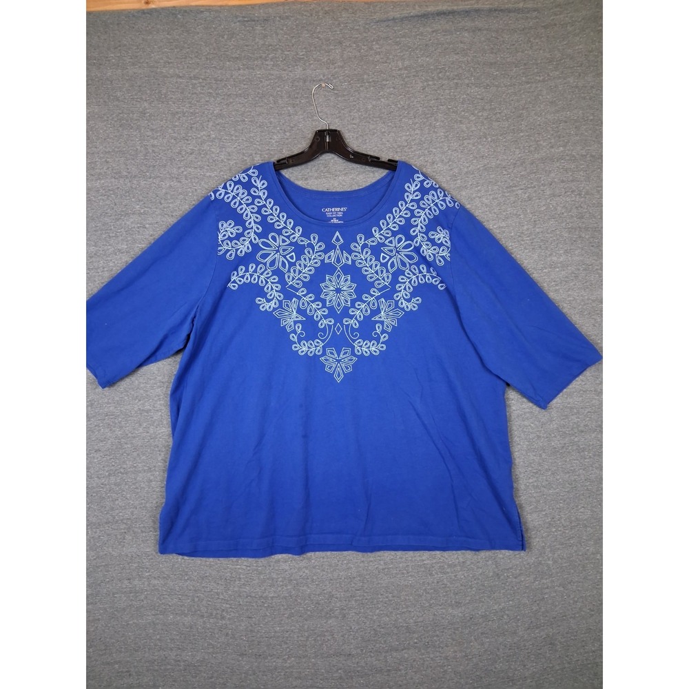Catherines Womens Shirt 3X Blue Relaxed Stretch Coastal Resort Boho Travel